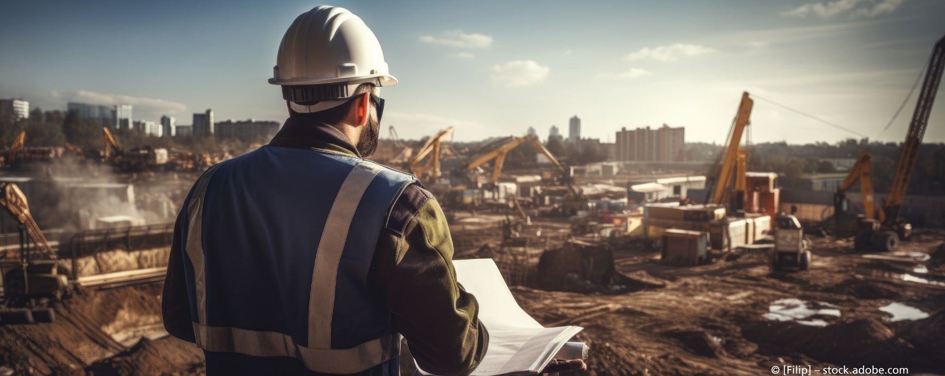 Mitarbeiter blickt auf Baustelle, Daniel Bianchin Bau-Garten Forst