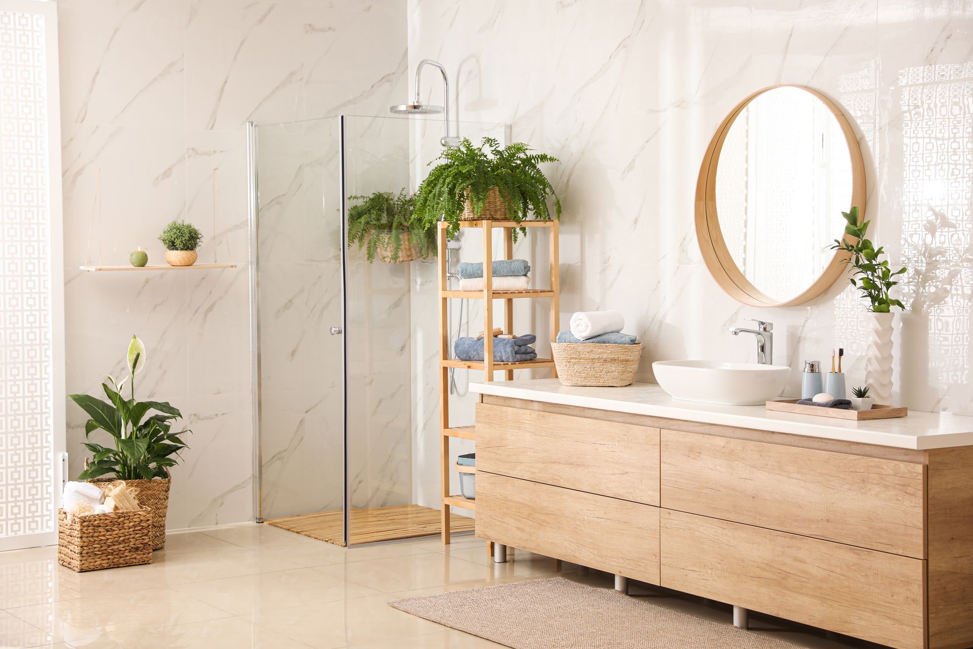 Un meuble vasque et un miroir dans une salle de bains.