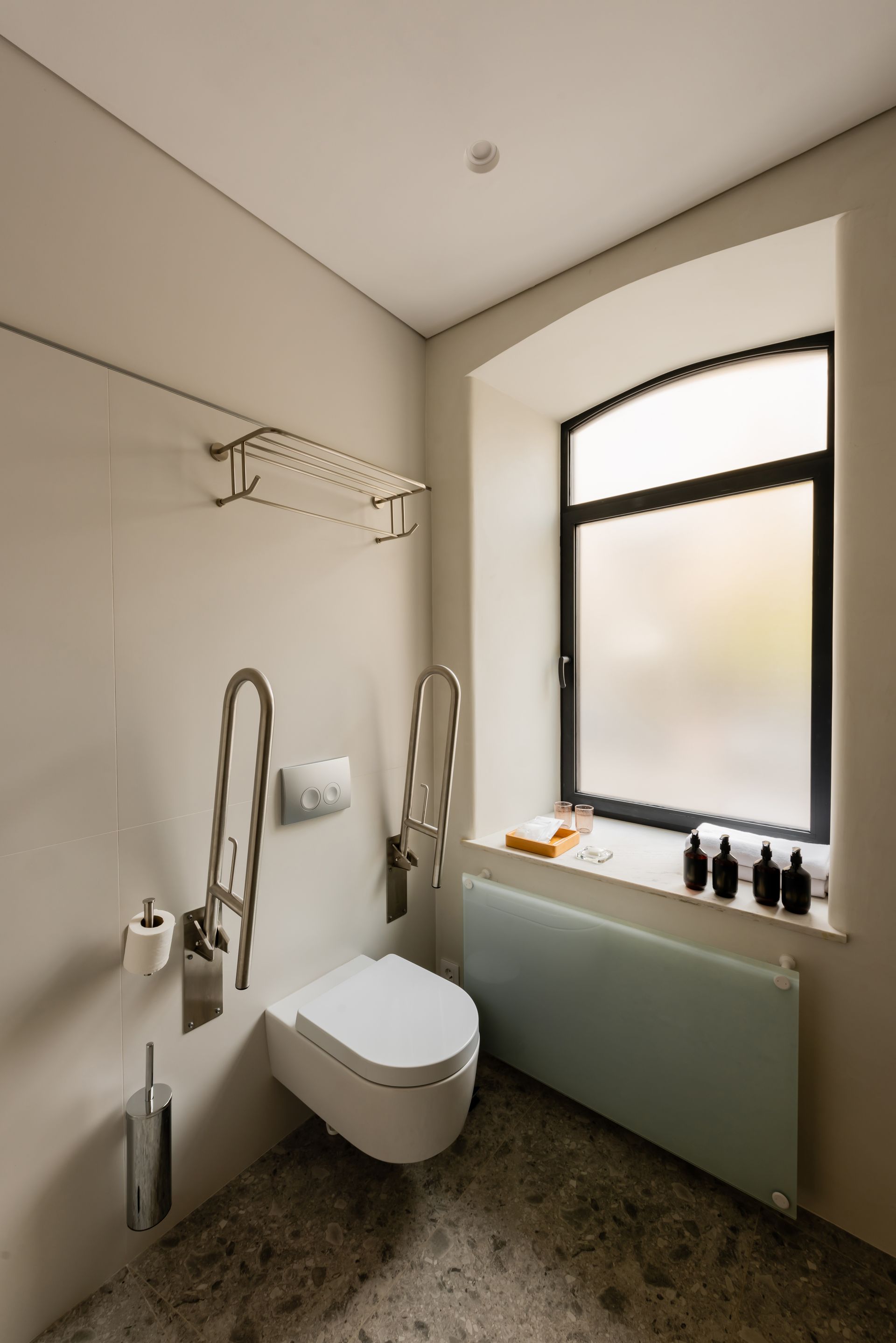Une salle de bains avec des WC et des barres d'appui.