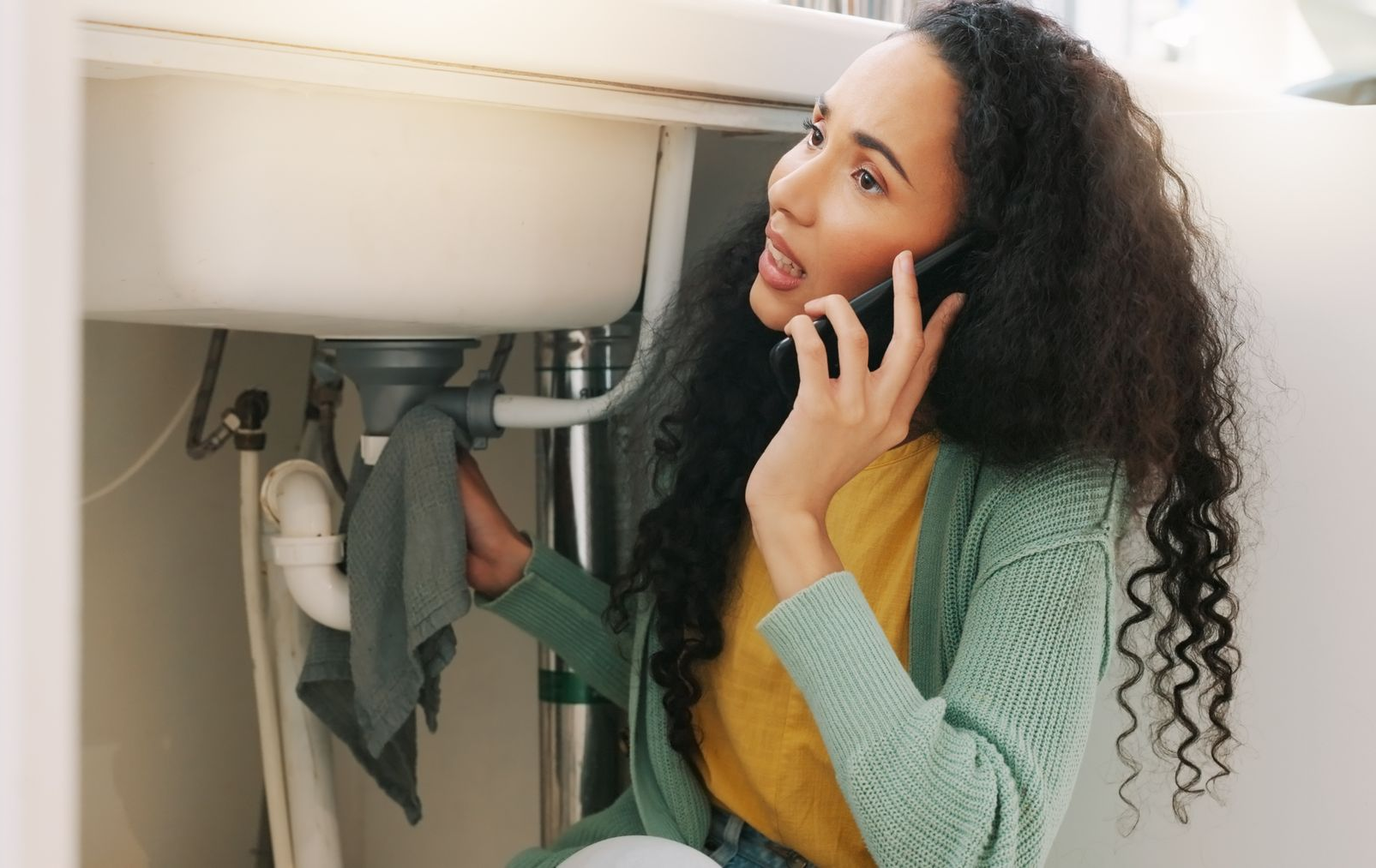 Une personne parle au téléphone tout en essuyant un tuyau sous un évier.