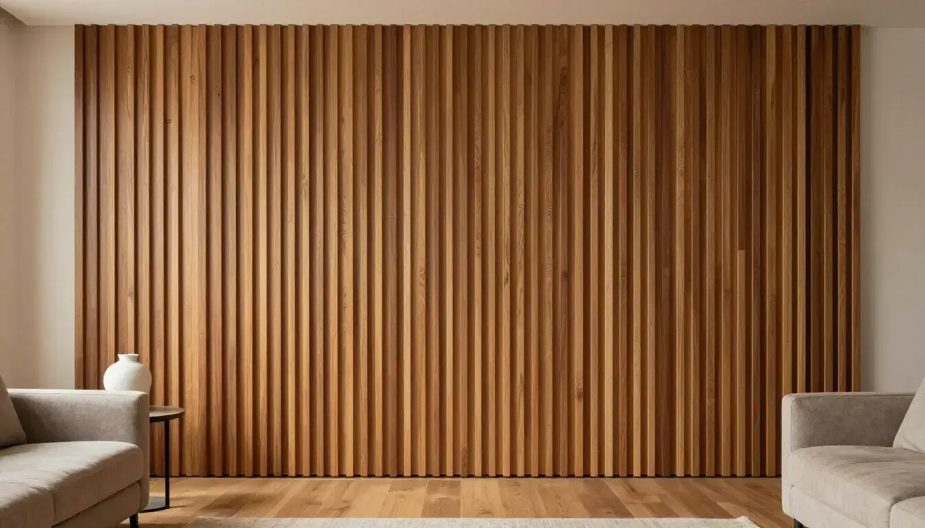 Pared de madera decorativa con listones en un sal&oacute;n moderno