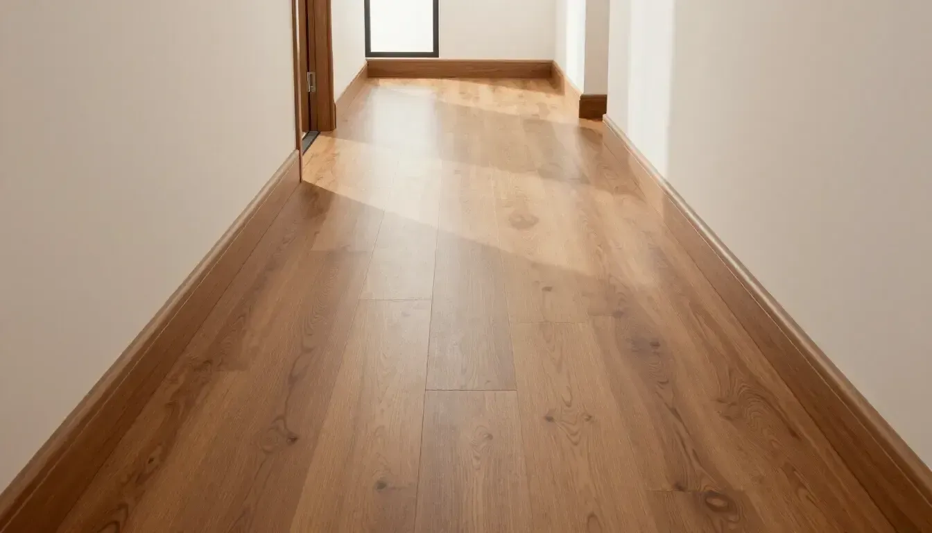 Interior de vivienda con suelo de madera natural y tonos c&aacute;lidos