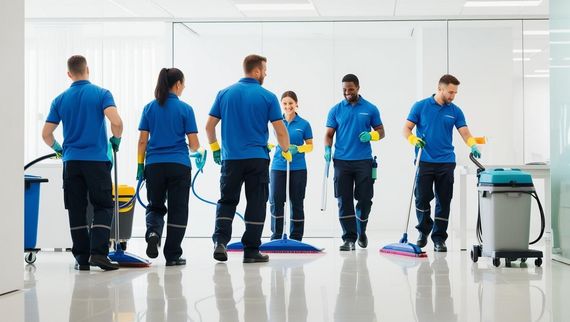 Un gruppo di addetti alle pulizie è in fila in un ufficio.