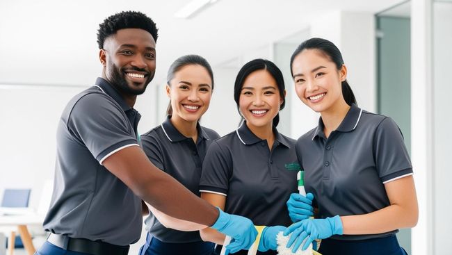 Un gruppo di addetti alle pulizie è in piedi uno accanto all'altro in un ufficio.