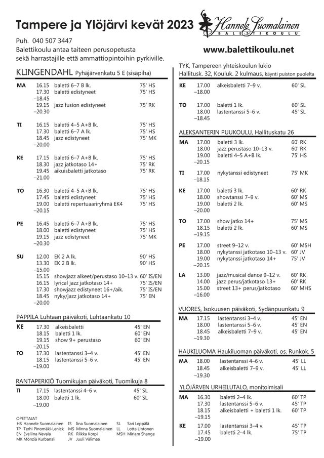 Lukujärjestys | Balettikoulu Hannele Suomalainen | Tampere | Ylöjärvi