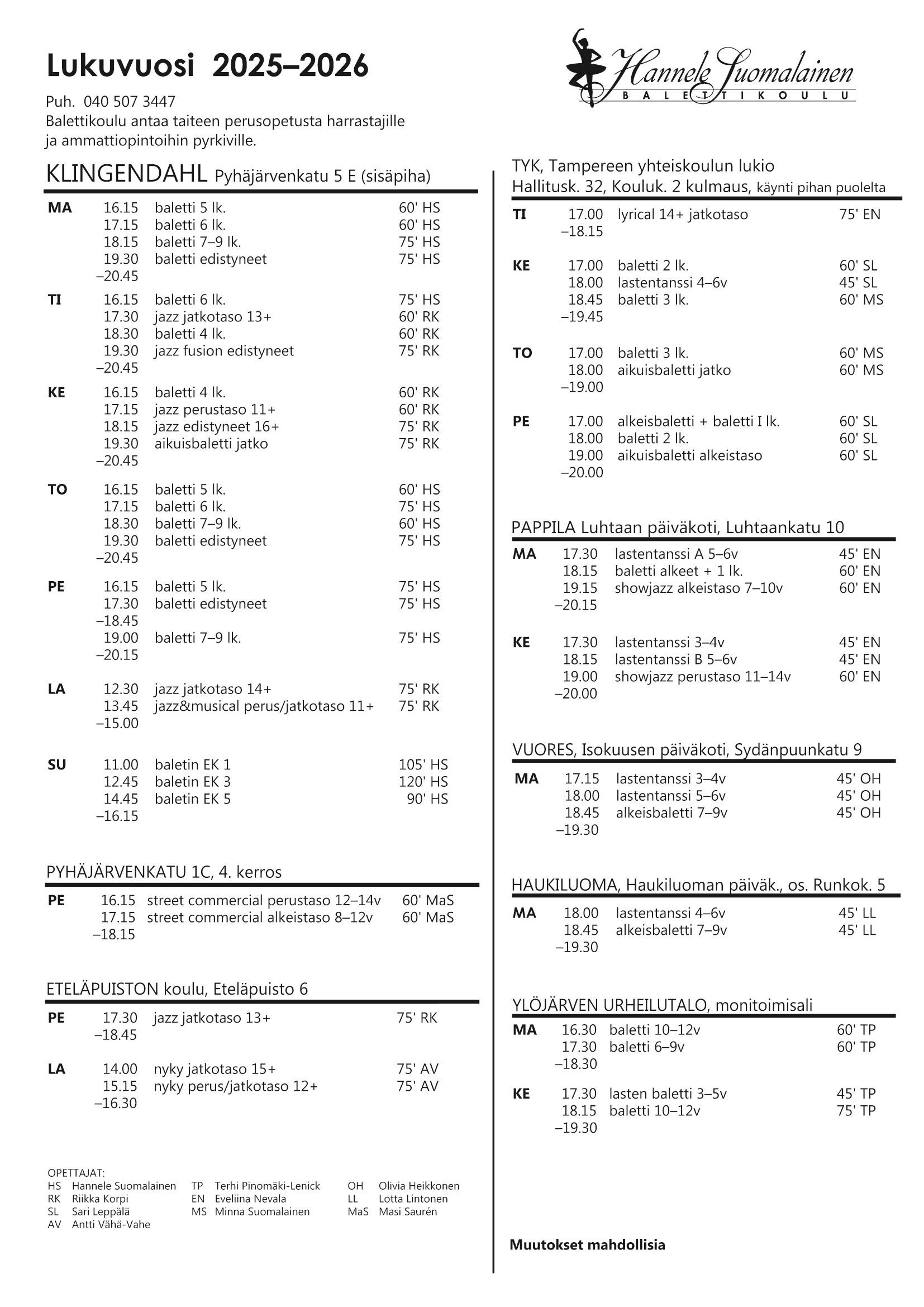 Tampere ja Ylöjärvi lukuvuosi 2025–2026 Balettikoulu Hannele Suomalainen