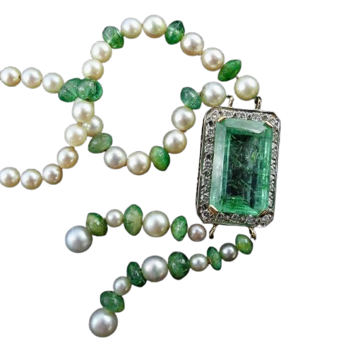 Collier or émeraudes et perles