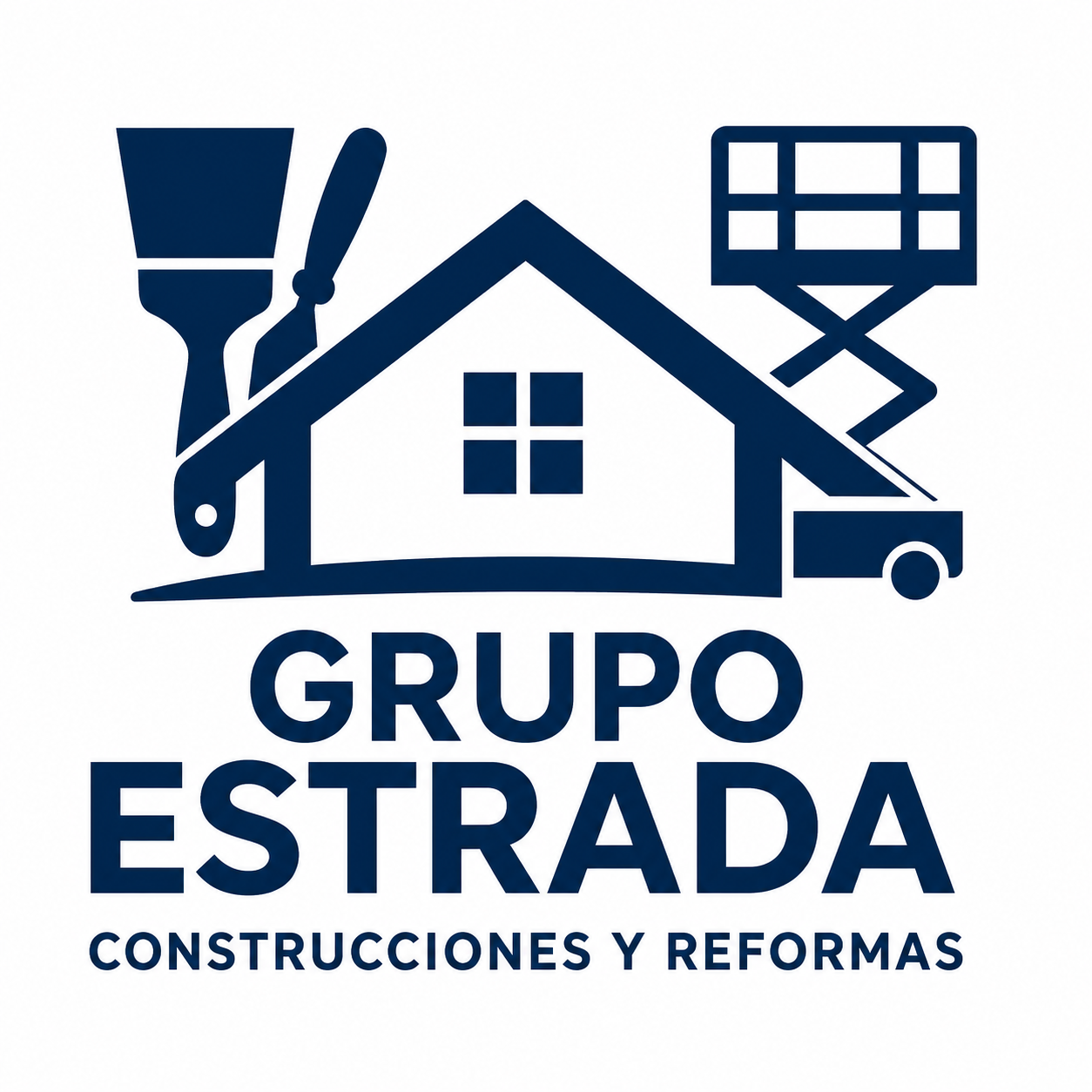 Logo azul de Grupo Estrada Construcciones y Reformas con casa, brocha y elevador de tijera