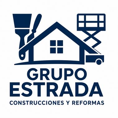 Logo azul de Grupo Estrada Construcciones y Reformas con casa, brocha y elevador de tijera