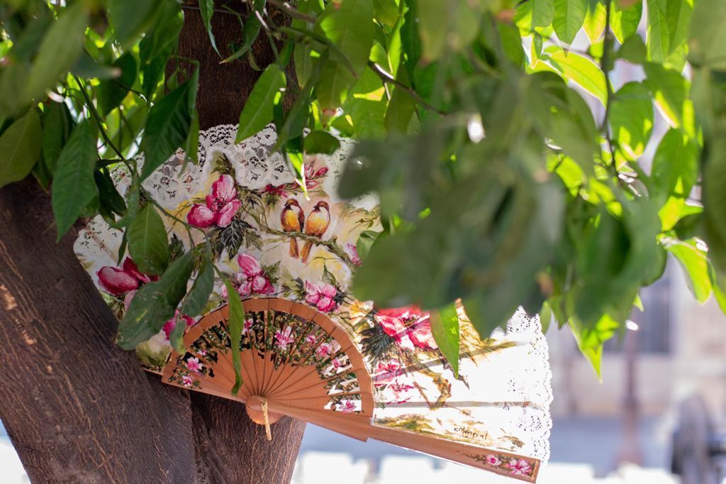 Un ventilador cuelga de la rama de un árbol.