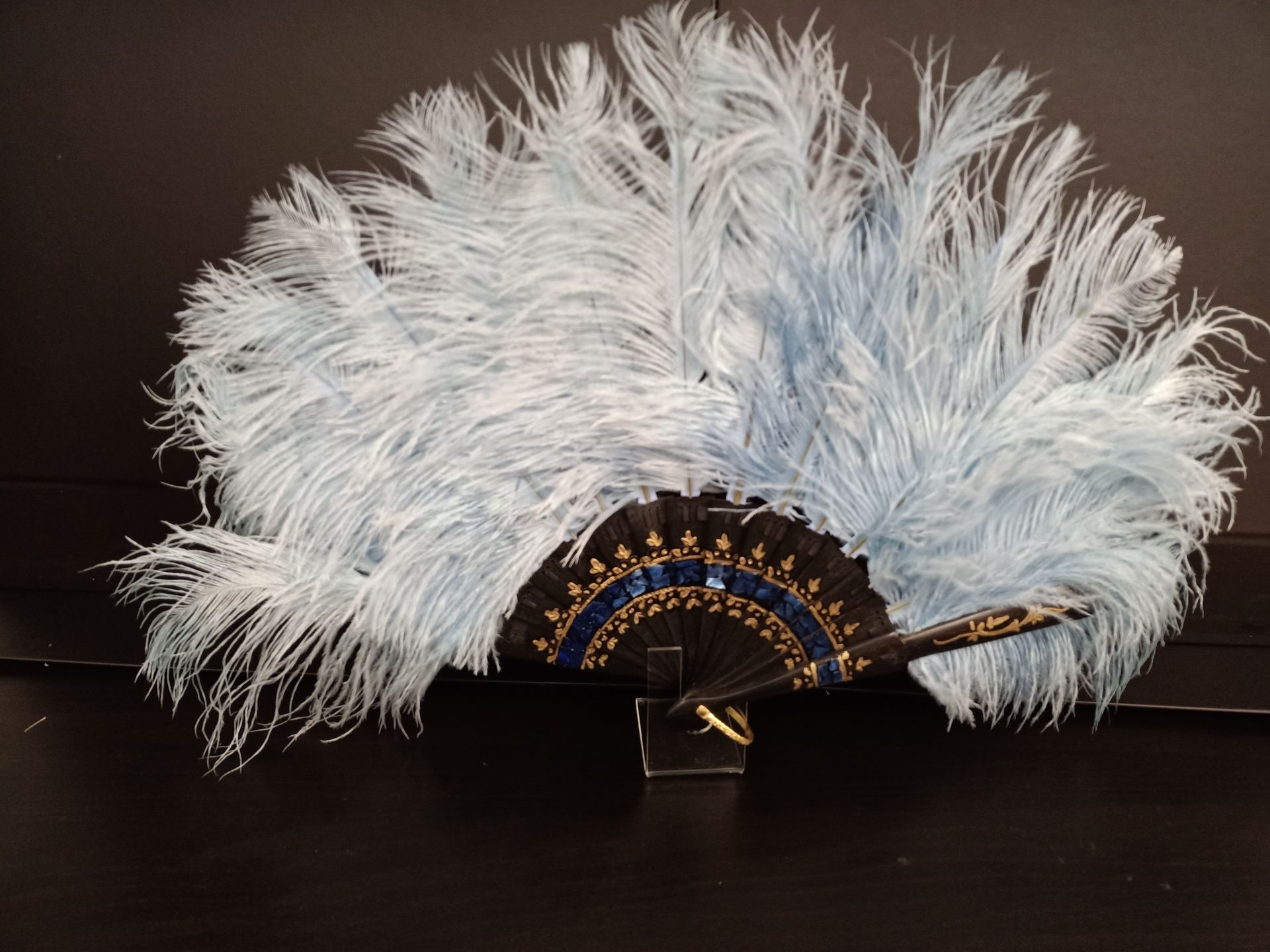 Un abanico hecho de plumas de color azul claro reposa sobre una superficie negra.
