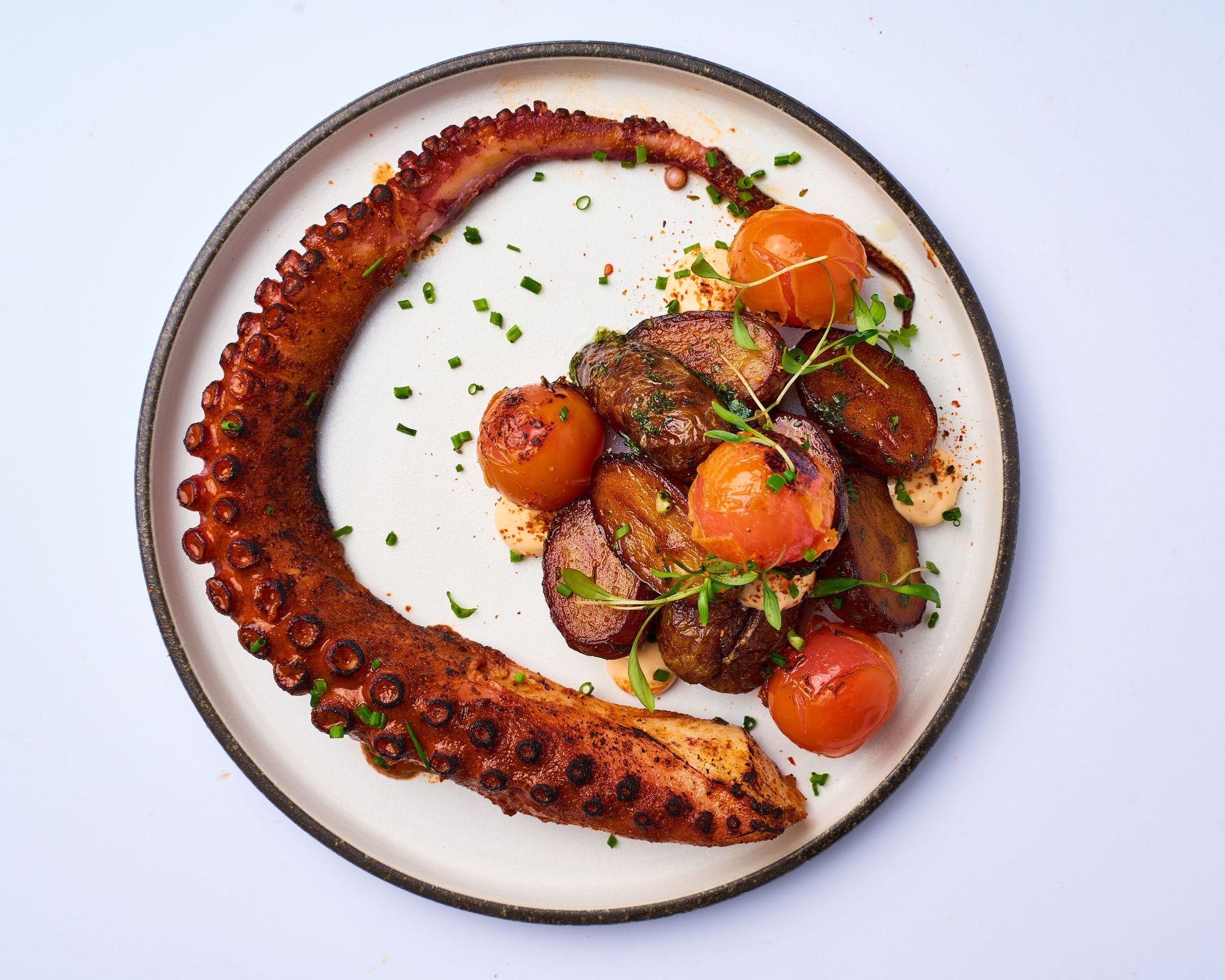 Un plato de comida con un pulpo y patatas encima.