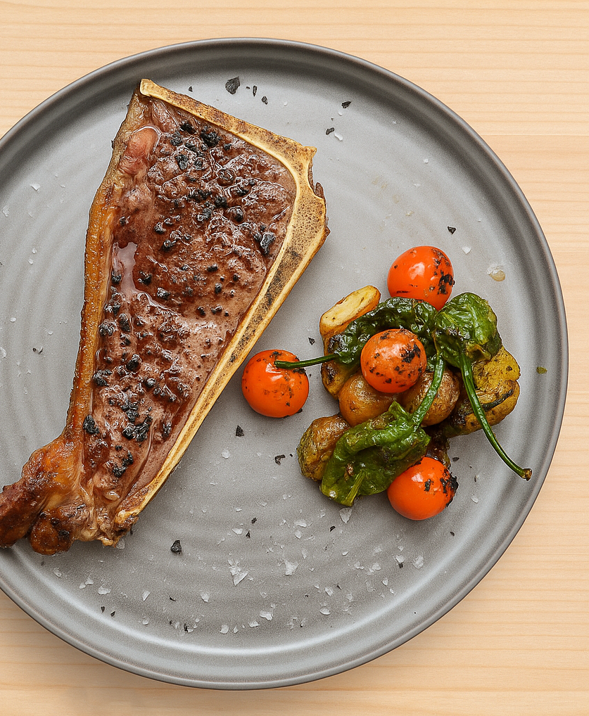 Un plato de comida con carne y verduras en una mesa.