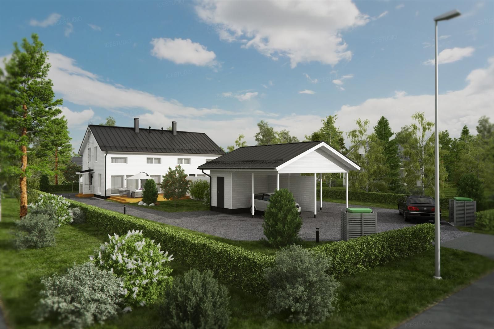 Valkoinen talo erillisellä autokatoksella; vihreä piha puita, ajotie. Aurinkoinen päivä.