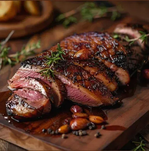 Pechuga de pato asada en rodajas sobre una tabla de madera con romero, almendras y granos de pimienta.