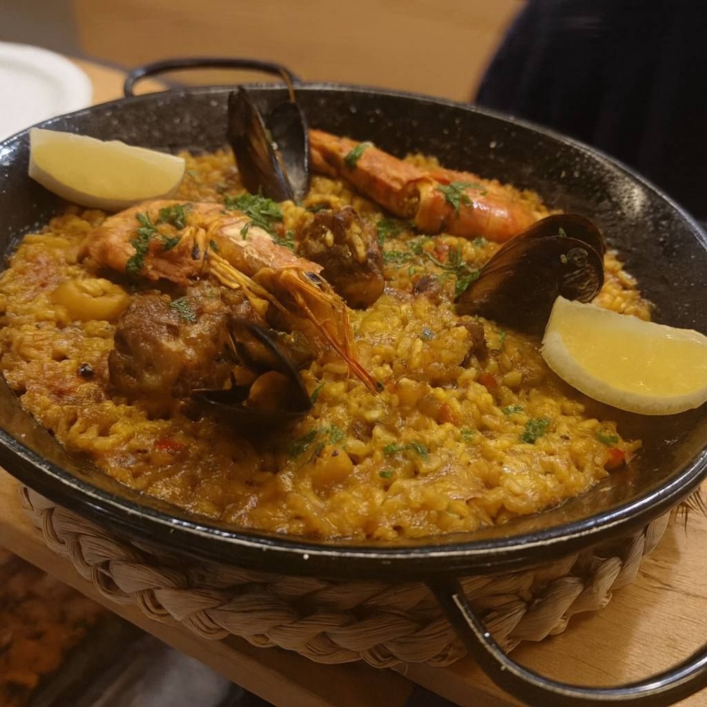 Paella con marisco, gajos de limón en sartén redonda y negra.