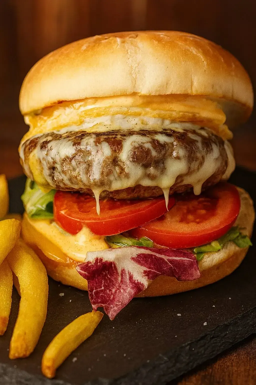 Hamburguesa con queso derretido, tomate, lechuga y pan, servida con papas fritas en un plato oscuro.