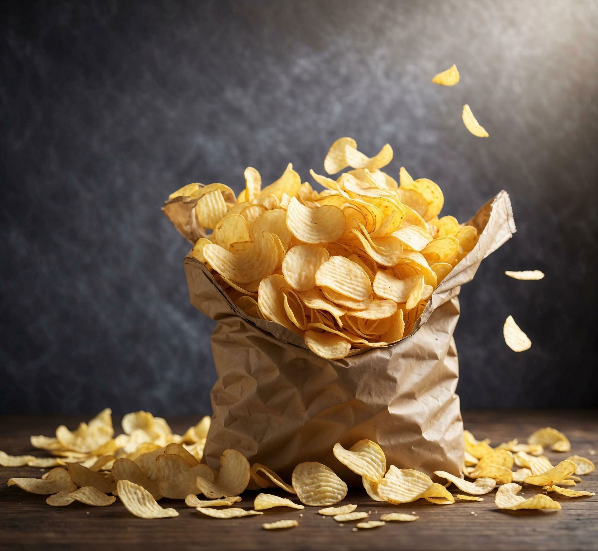 Bolsa de patatas fritas rebosando sobre una mesa de madera, algunas de las cuales caen.