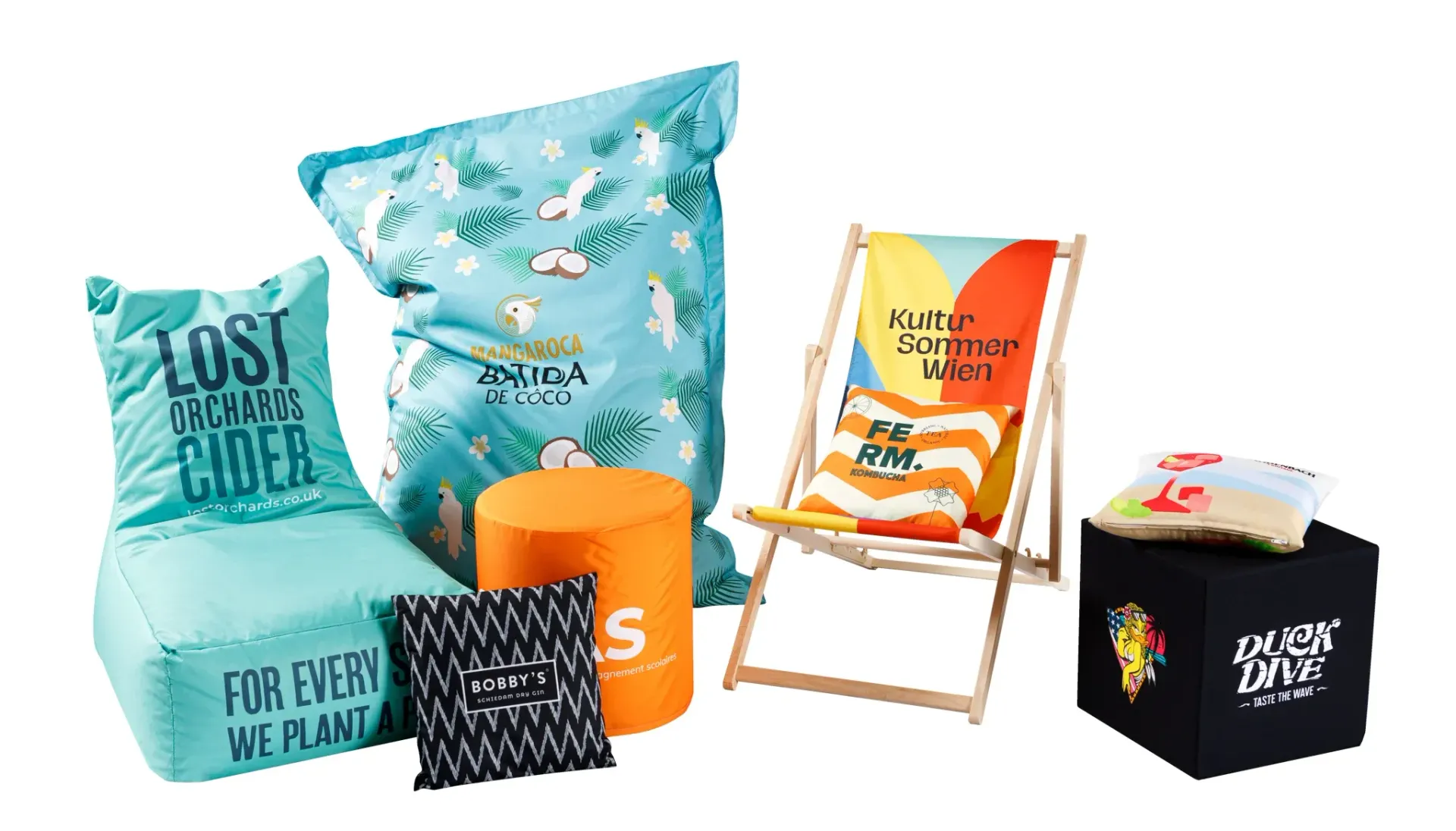 Coussins, poufs, et transat personnalisés