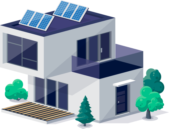 Eine isometrische Darstellung eines modernen Hauses mit Sonnenkollektoren auf dem Dach.