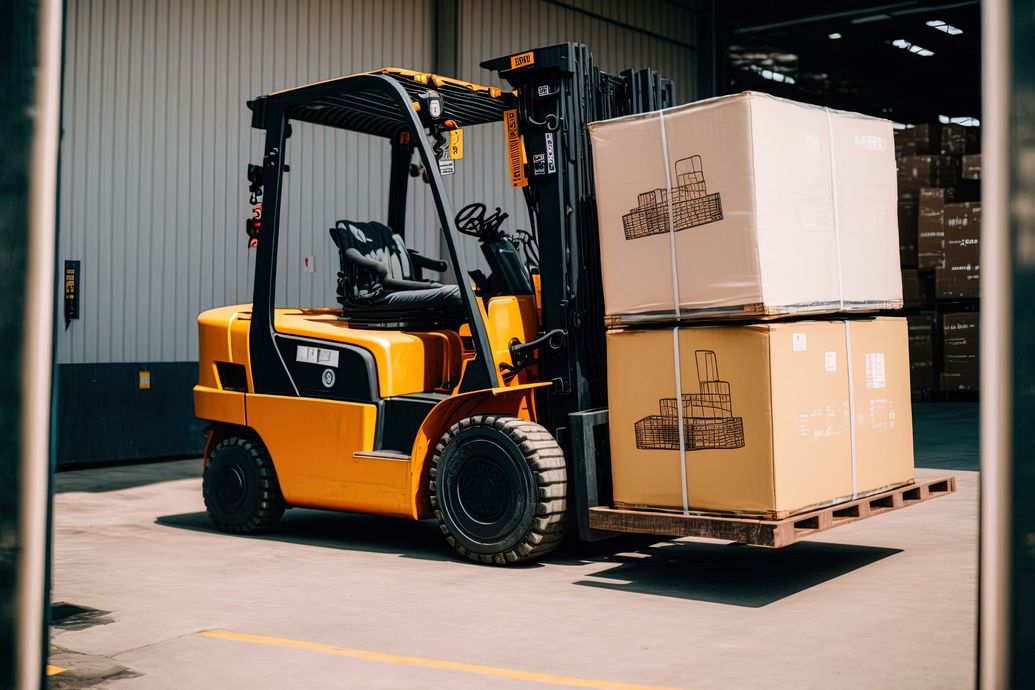 Carretilla elevadora amarilla que transporta dos cajas de cartón dentro de un almacén.