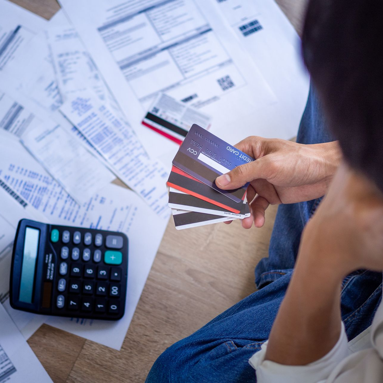 Une personne tenant des cartes de crédit à côté d'une calculatrice et de documents financiers sur un bureau.