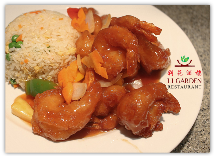 Li Garden - Crevettes aigre doux servies avec riz cantonais