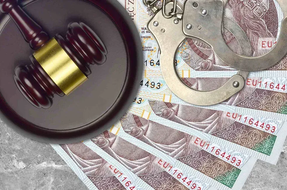 El mazo de un juez está encima de una pila de dinero al lado de unas esposas.
