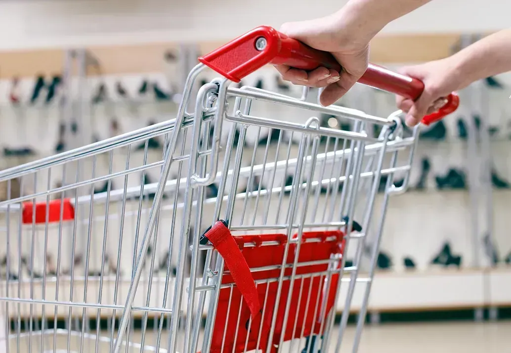 Una persona empuja un carrito de compras con un mango rojo.