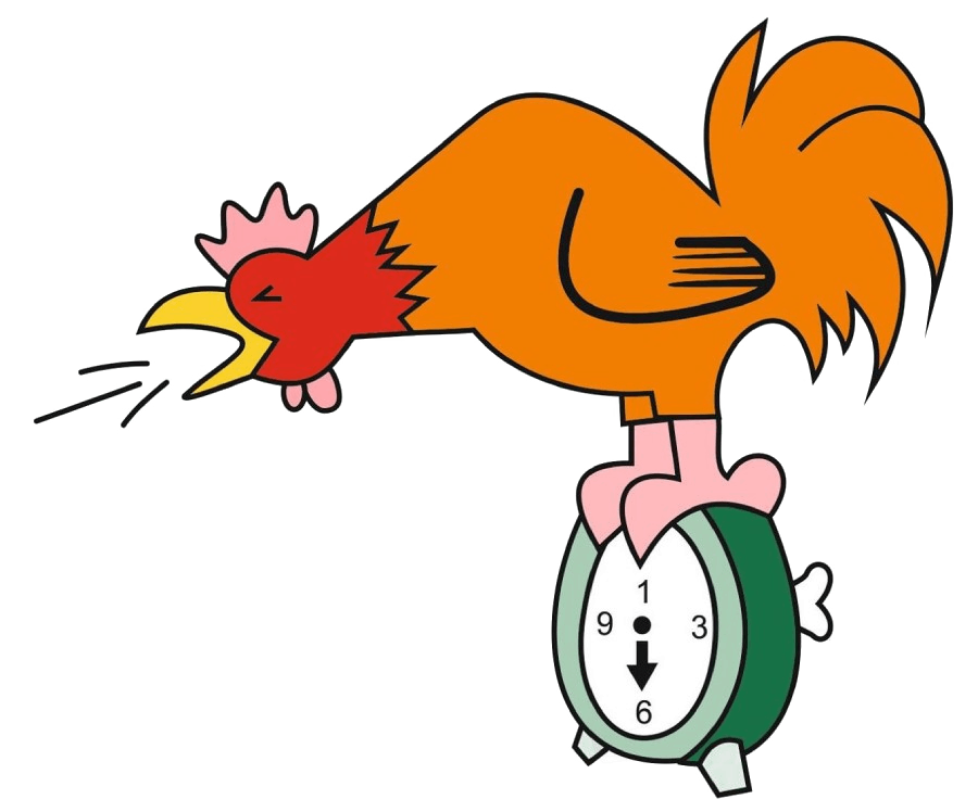 Gallo naranja posado sobre un despertador verde, con l&iacute;neas de movimiento como si estuviera cantando.