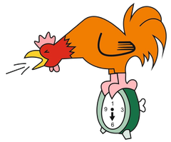 Gallo naranja posado sobre un despertador verde, con l&iacute;neas de movimiento como si estuviera cantando.