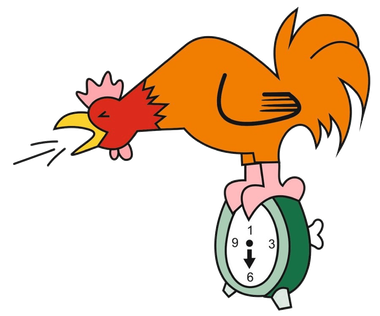 Gallo naranja posado sobre un despertador verde, con l&iacute;neas de movimiento como si estuviera cantando.