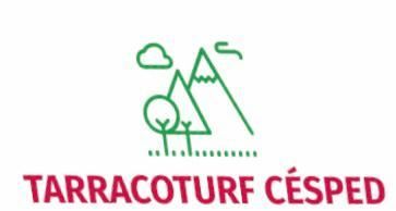 Un logotipo para césped de terracota con una montaña y árboles.