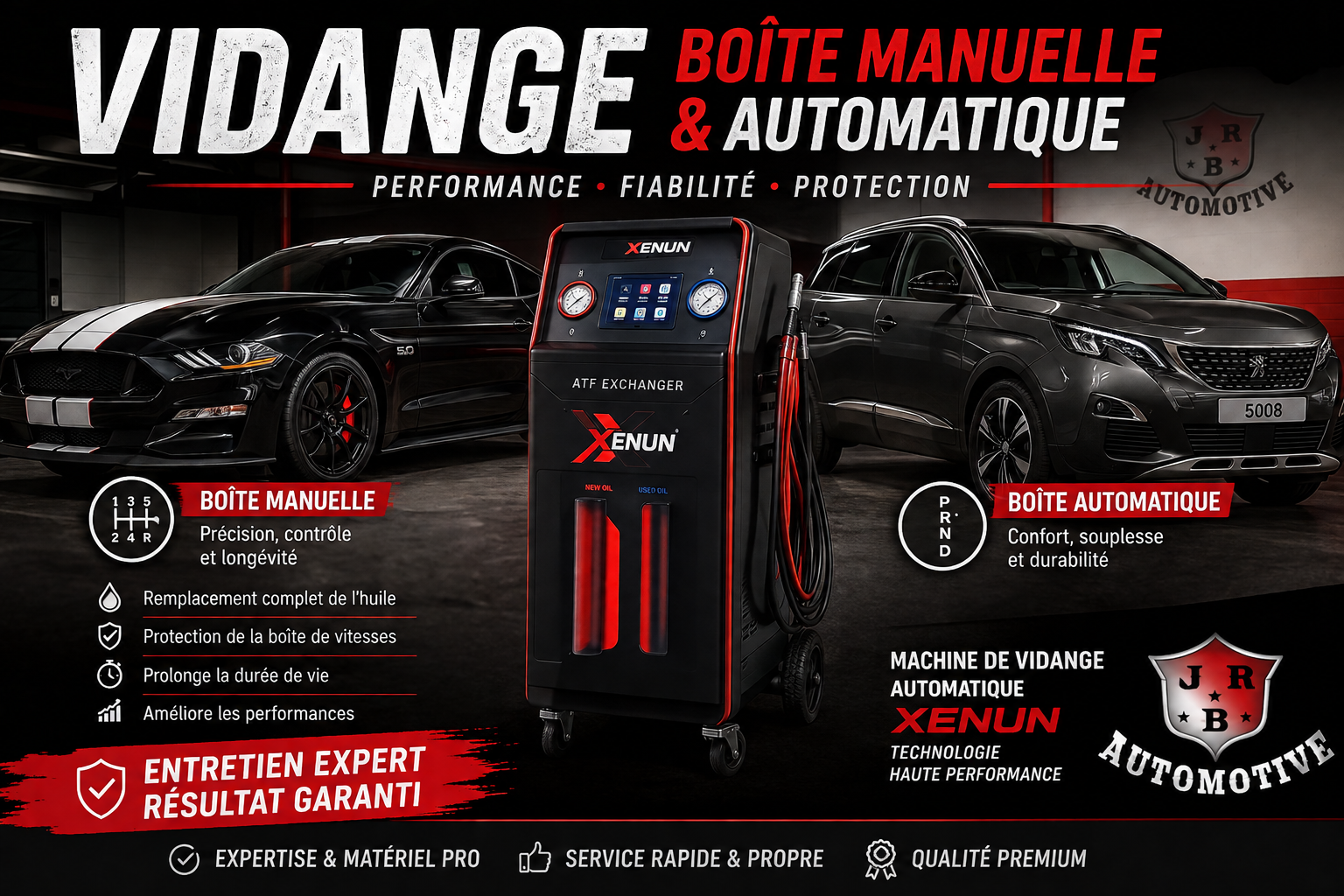Une main gantée verse de l'huile moteur dorée d'une bouteille en plastique bleue dans le bouchon de remplissage d'huile moteur ouvert d'une voiture.
