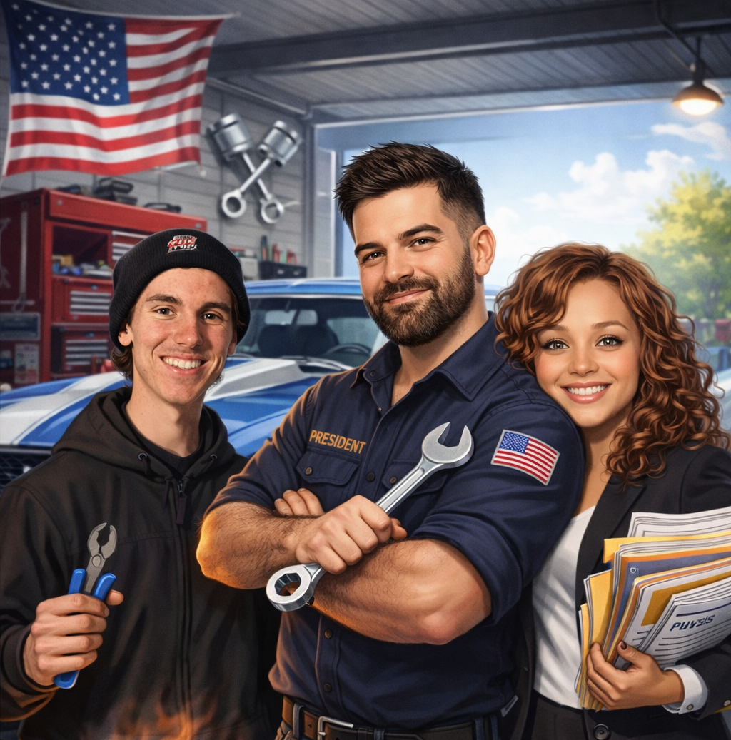 Trois mécaniciens dans un garage, souriant à côté d'une voiture bleue avec des outils et un drapeau américain.