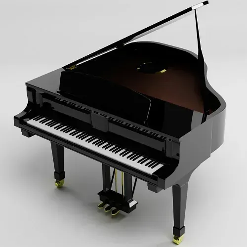 Un modelo 3D de un piano de cola con la tapa abierta.