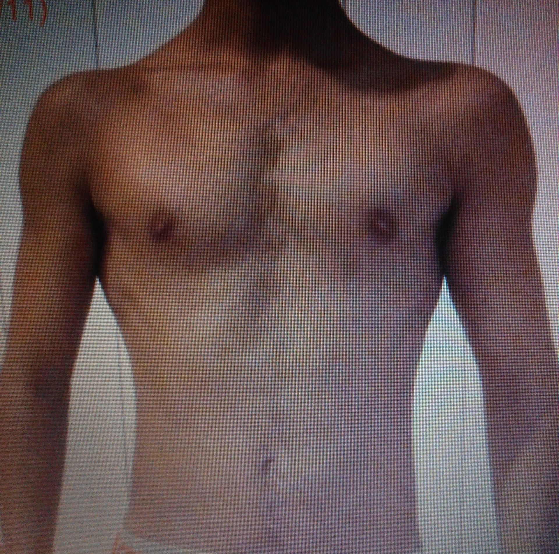 Primer plano del torso superior y los hombros de una persona, que muestra la textura de la piel y la estructura corporal sobre un fondo de cuadrícula.