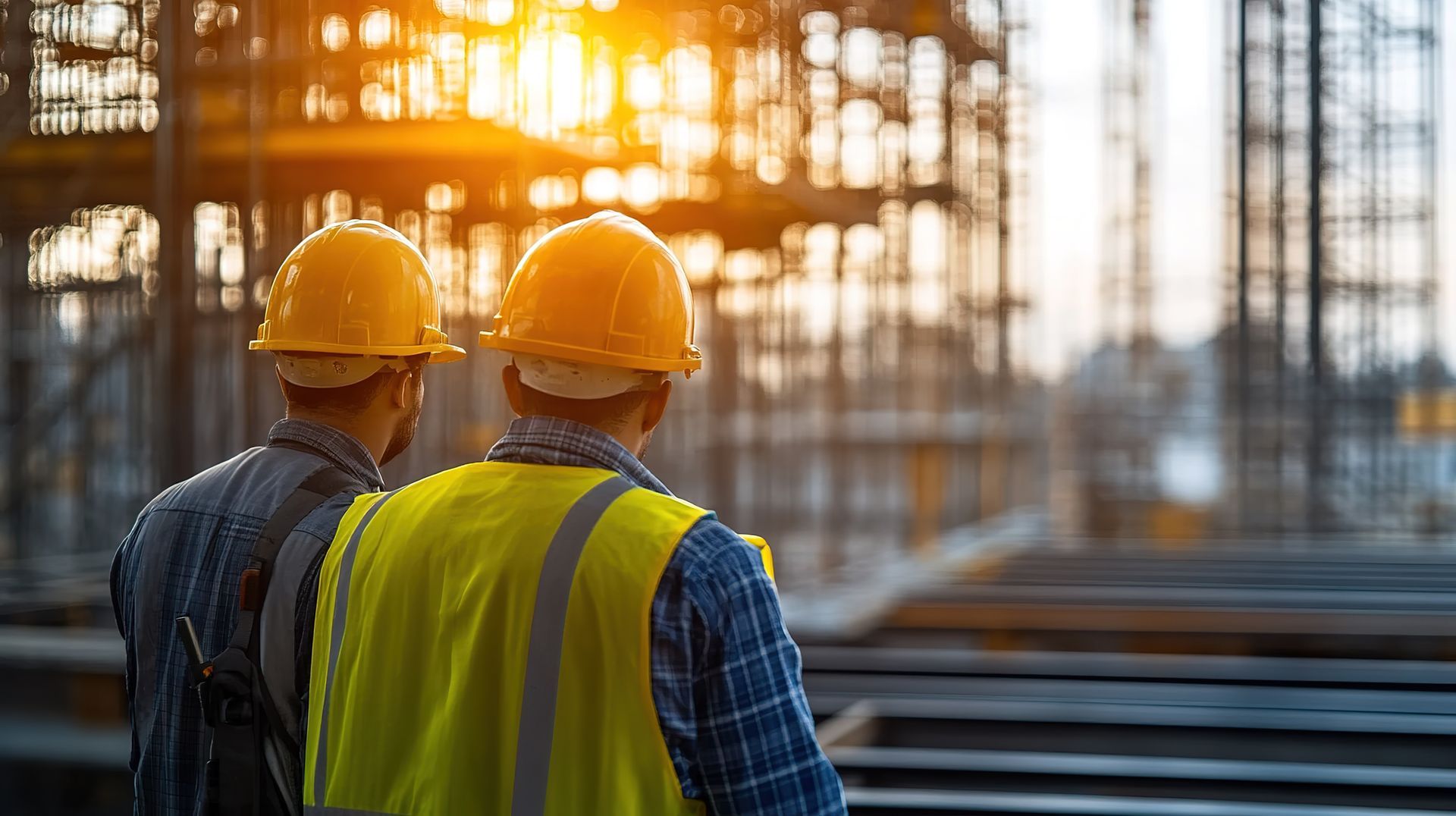 Deux ouvriers du bâtiment, portant des casques et des gilets jaunes, observent un chantier de construction baigné de soleil.