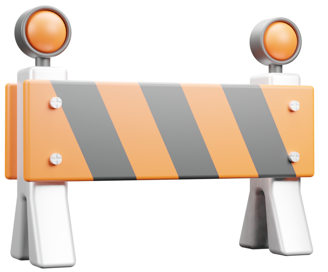 Barrière de sécurité routière orange et gris avec feux clignotants, indiquant une zone de travaux.