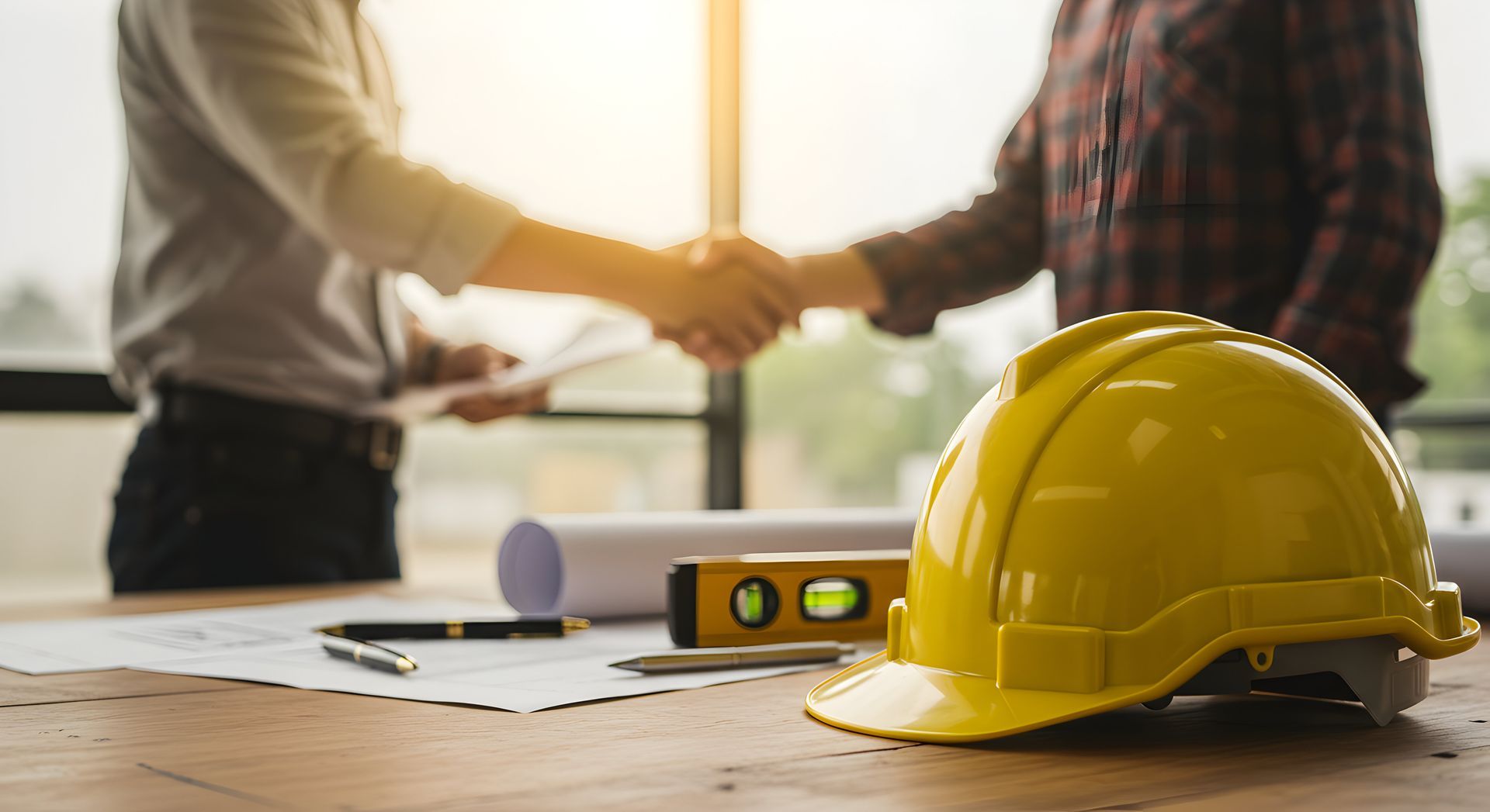 Un casque de chantier jaune posé sur une table avec des plans, un niveau et des stylos ; deux hommes se serrant la main en arrière-plan.