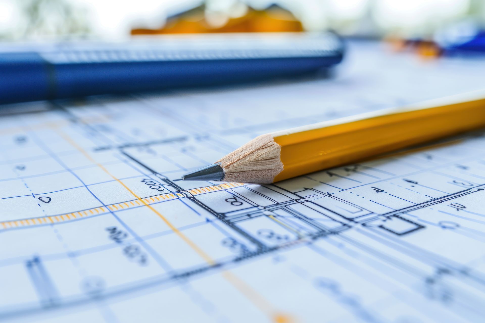 Dessin au crayon sur un plan architectural avec un stylo bleu en arrière-plan, couleurs jaune et blanche.