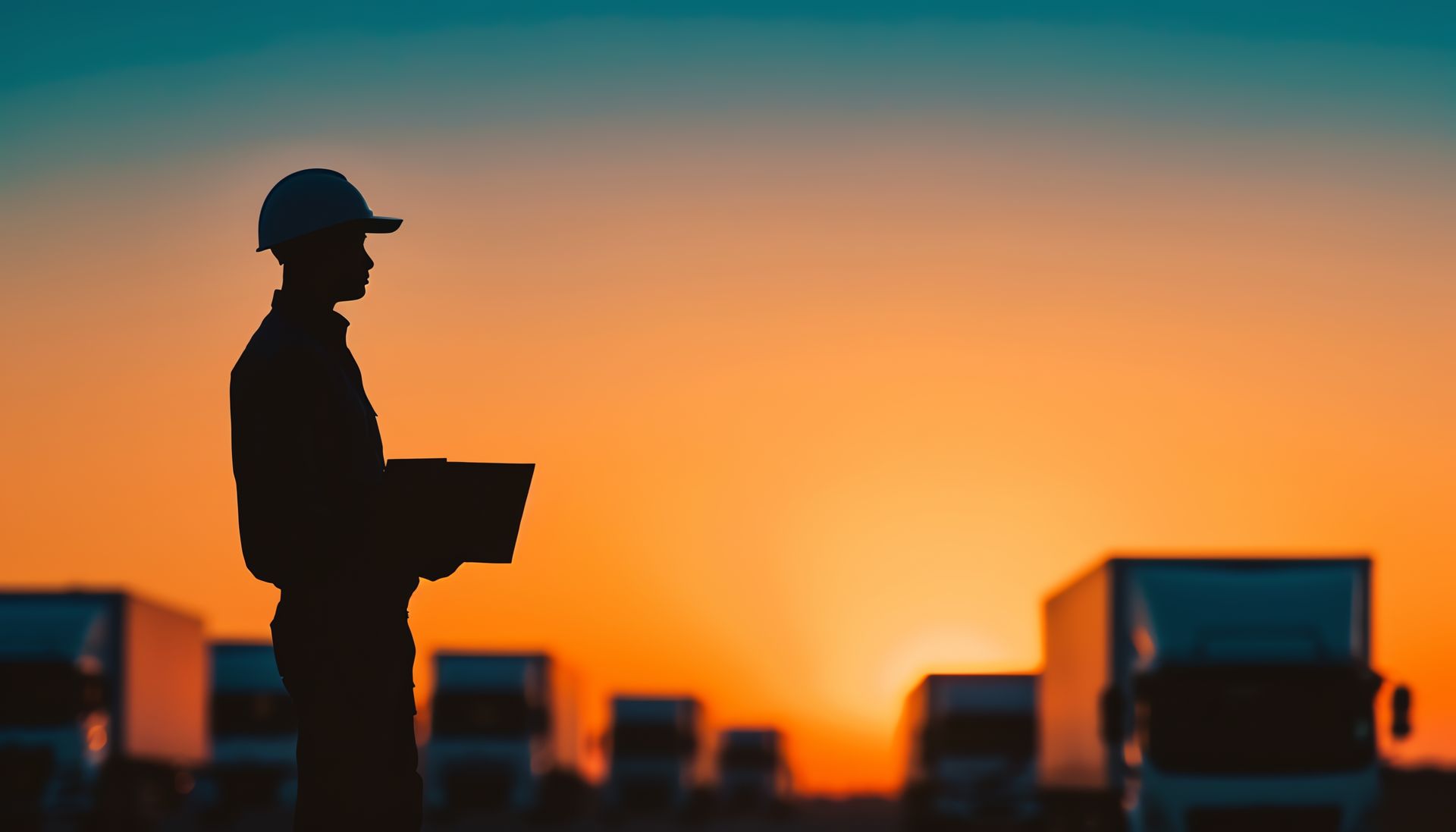 Silhouette d'une personne portant un casque de chantier et un ordinateur portable, surveillant des semi-remorques au coucher du soleil.