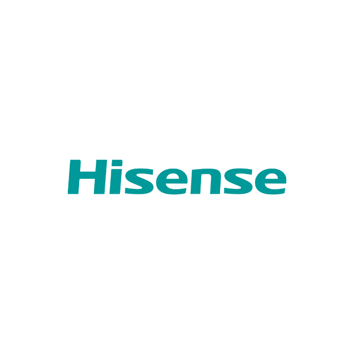 Logotipo de Hisense en color verde azulado sobre fondo blanco.