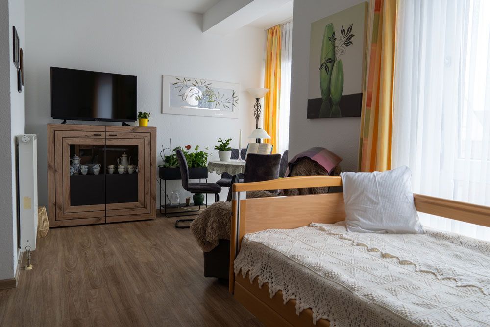 Helles Wohnzimmer mit Bett, Fernseher, Kamin, Pflanzen und gelben Vorhängen.