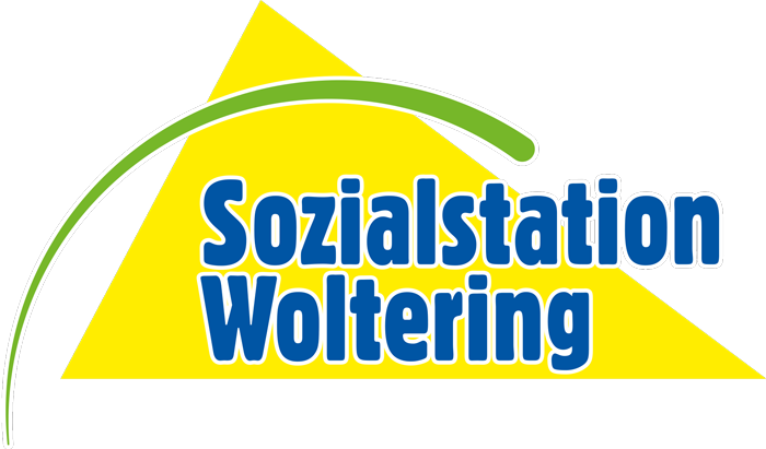 Logo der Sozialstation Woltering mit blauer Schrift auf gelbem Dreieck und grünem Bogen