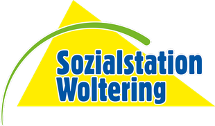 Logo der Sozialstation Woltering mit blauer Schrift auf gelbem Dreieck und grünem Bogen