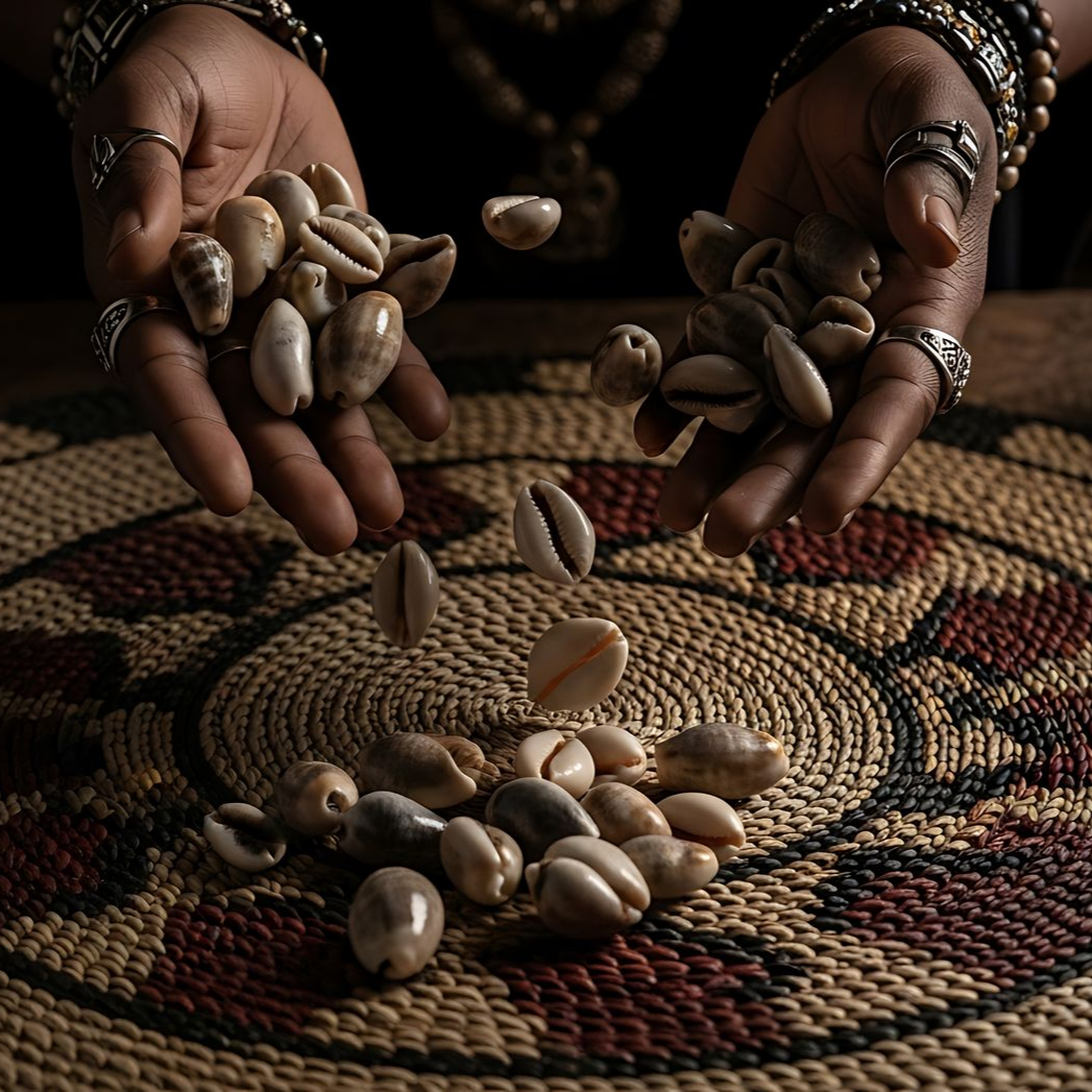 Des mains tiennent et laissent tomber des coquillages cauris sur une natte tissée.