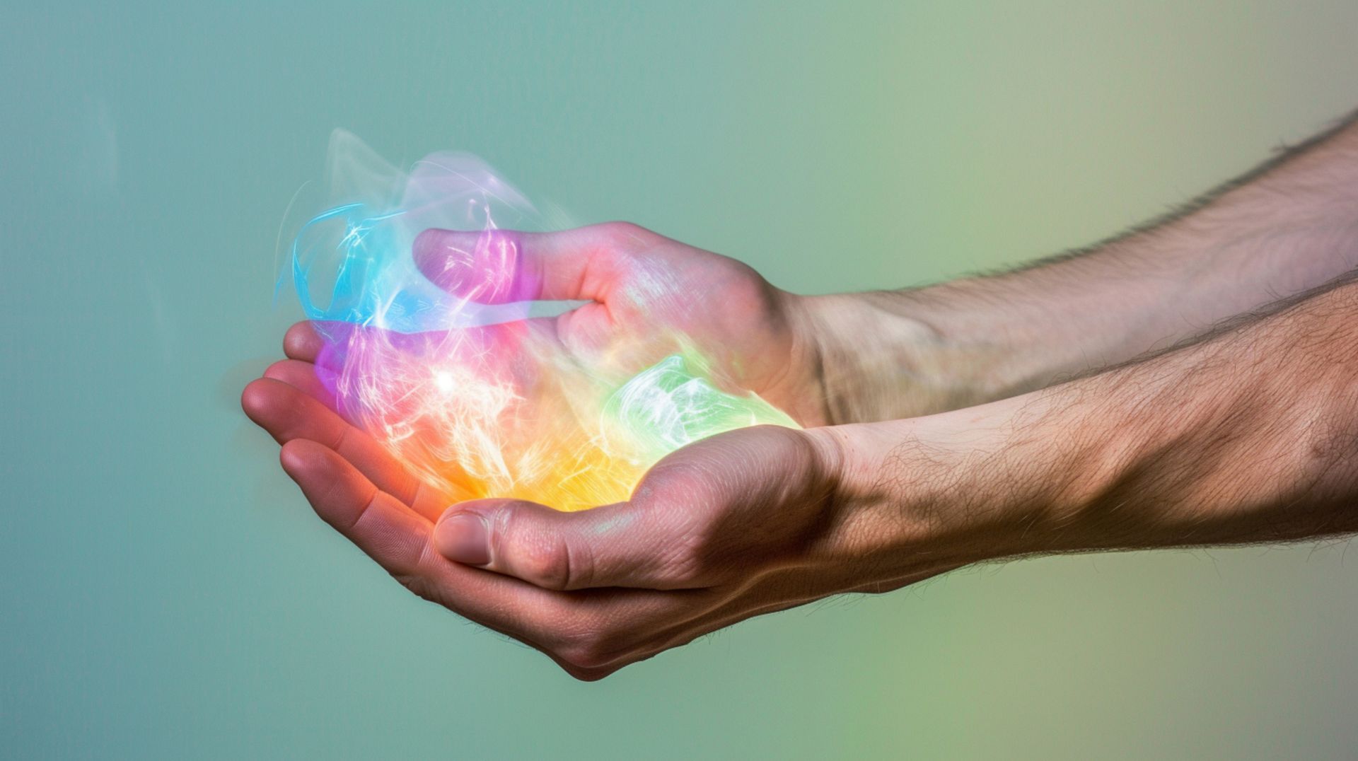 Mains jointes, emprisonnant une énergie arc-en-ciel vibrante et lumineuse.