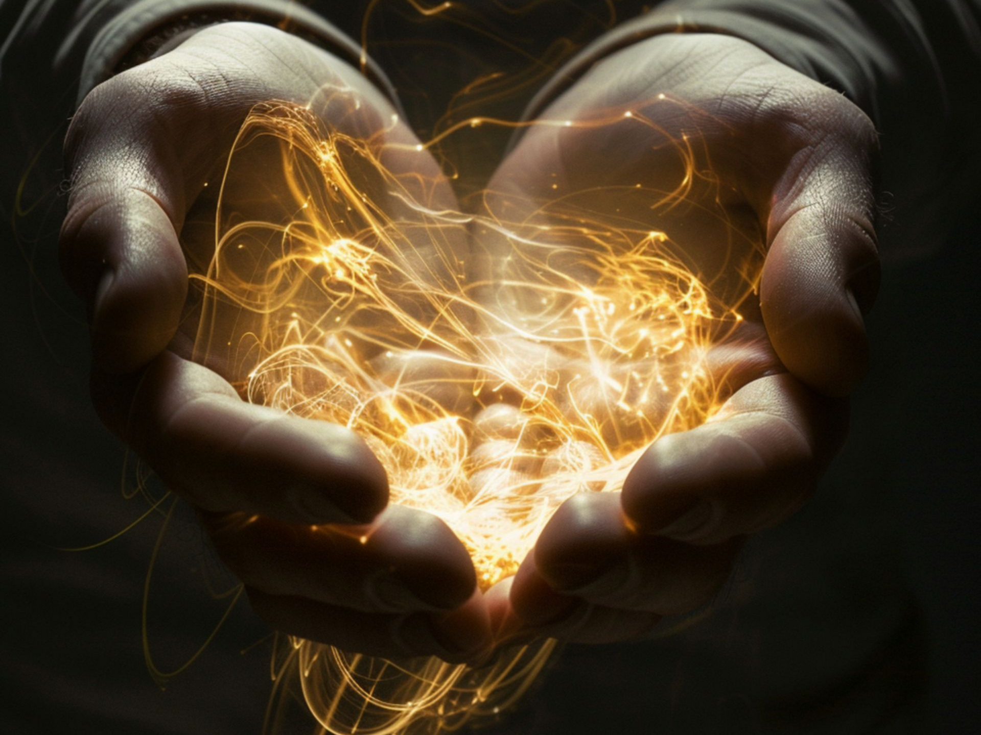 Mains jointes, tenant des filaments d'énergie dorée et lumineuse, sur fond sombre.