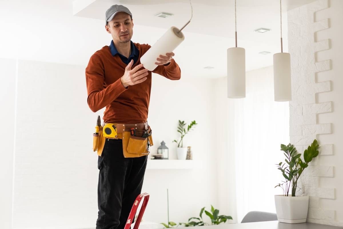 A man is standing on a ladder holding a piece of paper.